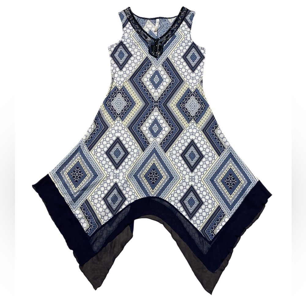 Perception Concept Sleeveless Dress Women M Blue Geometric Handkerchief Hem Midi